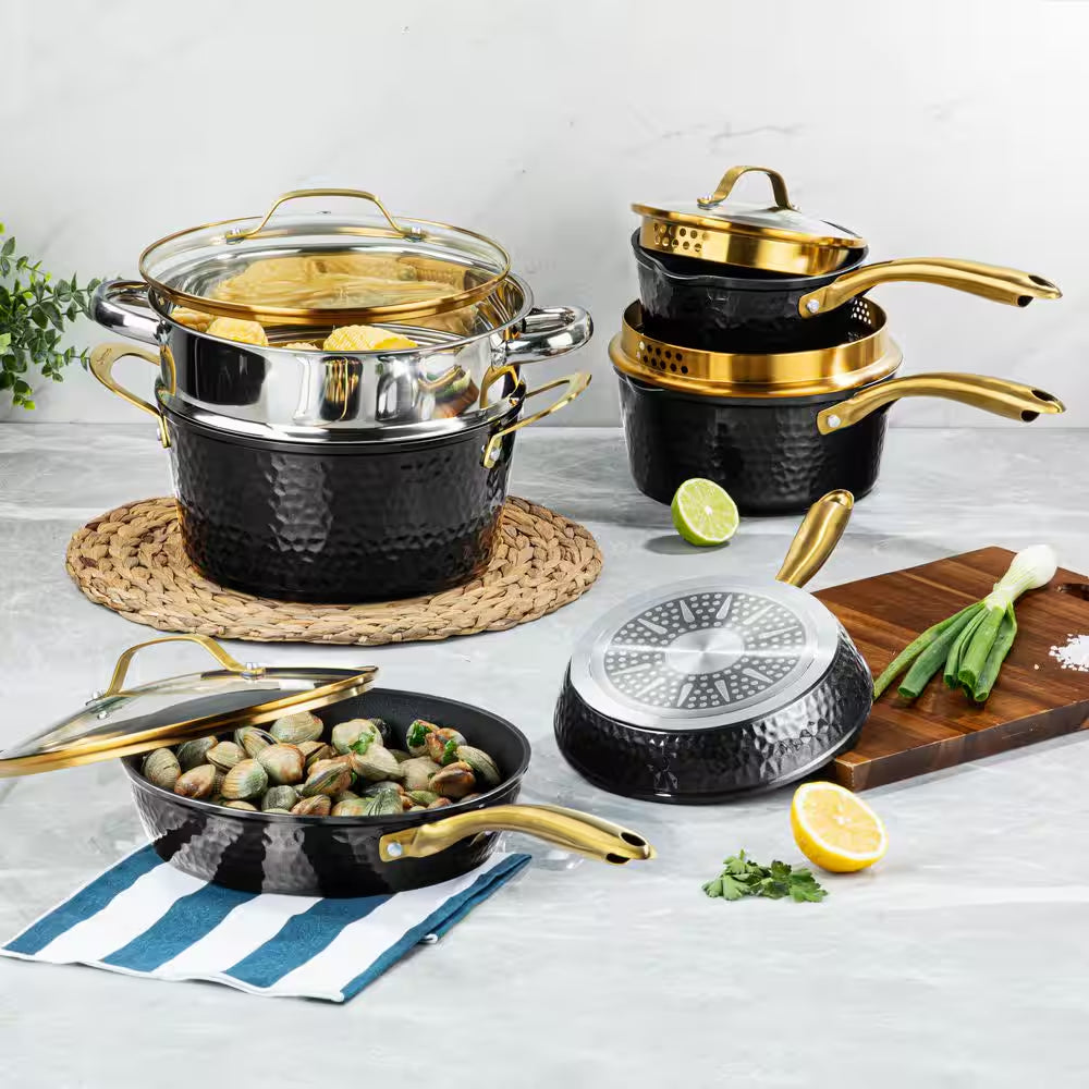 Charleston Collection 15-Piece Aluminum Hammered Ceramic Coating Nonstick Cookware Set with Utensils in Black