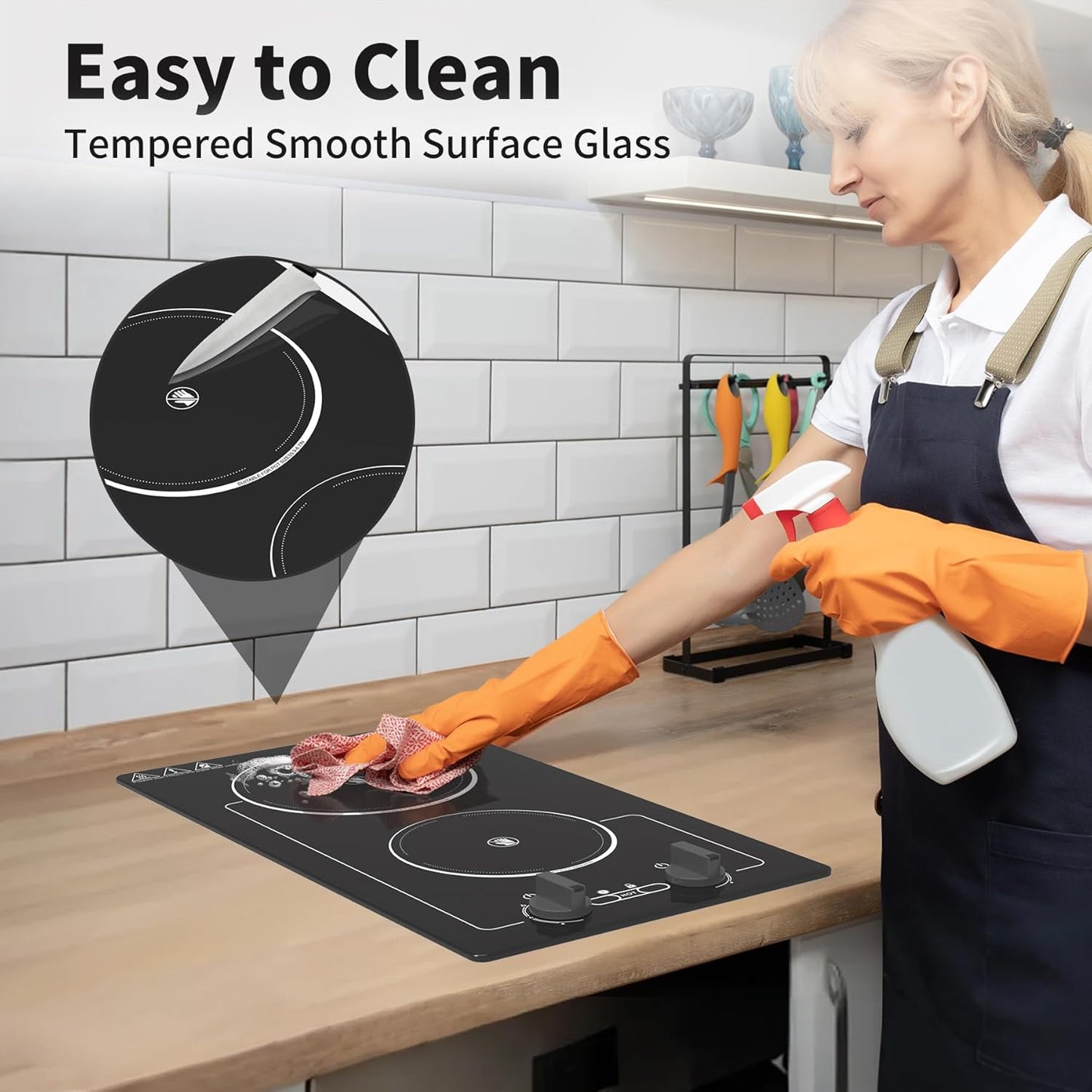 Electric Cooktop,110V 2100W Electric Stove Top with Knob Control,Countertop/Built-In Design with 9 Power Levels,Kids Lock & Timer, Overheat Protection,And Touch Control 2 Burner Electric Cooktop.