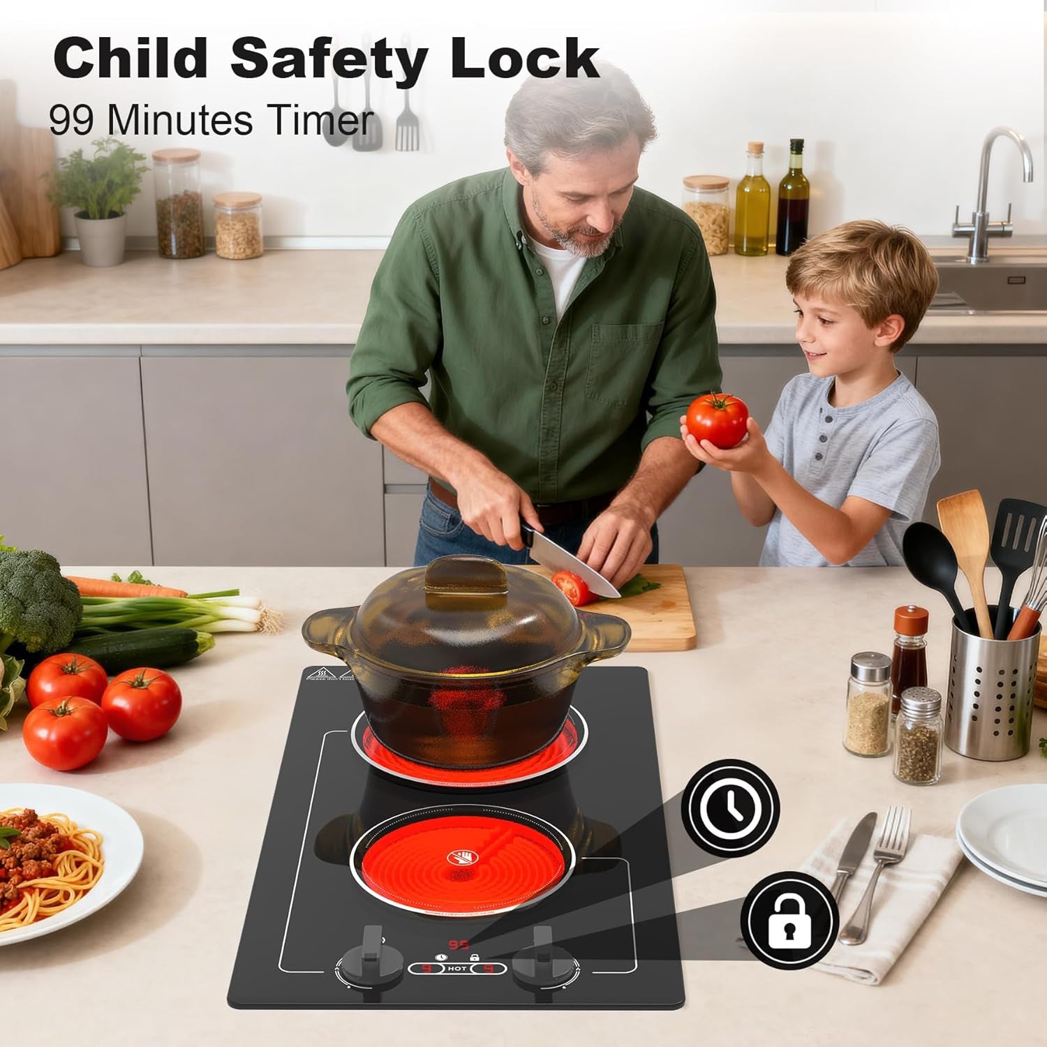 Electric Cooktop,110V 2100W Electric Stove Top with Knob Control,Countertop/Built-In Design with 9 Power Levels,Kids Lock & Timer, Overheat Protection,And Touch Control 2 Burner Electric Cooktop.