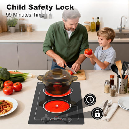 Electric Cooktop,110V 2100W Electric Stove Top with Knob Control,Countertop/Built-In Design with 9 Power Levels,Kids Lock & Timer, Overheat Protection,And Touch Control 2 Burner Electric Cooktop.