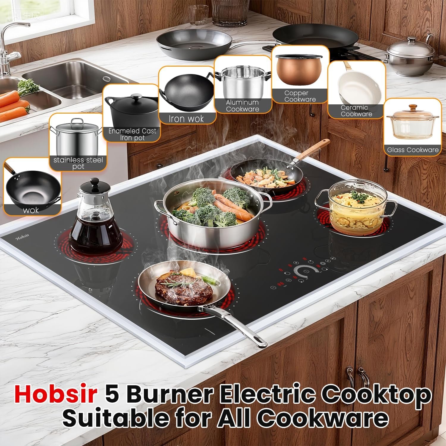 Hobsir 30 Inch Electric Cooktop, Electric Stove Top Burner, 5 Burner 30 Cooktop, Built-In Circular Slide Ceramic Stove with Glass Metal Frame, Timer, Safety Lock, 8700W, 220V-240V Hard Wire (No Plug)