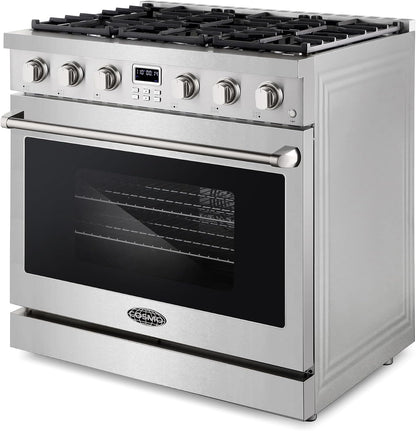 36 In. Lumin Coll 6.1 Cu Ft 6 Burner Gas Range, Convection, Stainless Steel |  COS-GRC366KB Sealed Burners, Oven Fan Circulation, Cast Iron Grates, Digital Display with Timer, LP Convertible