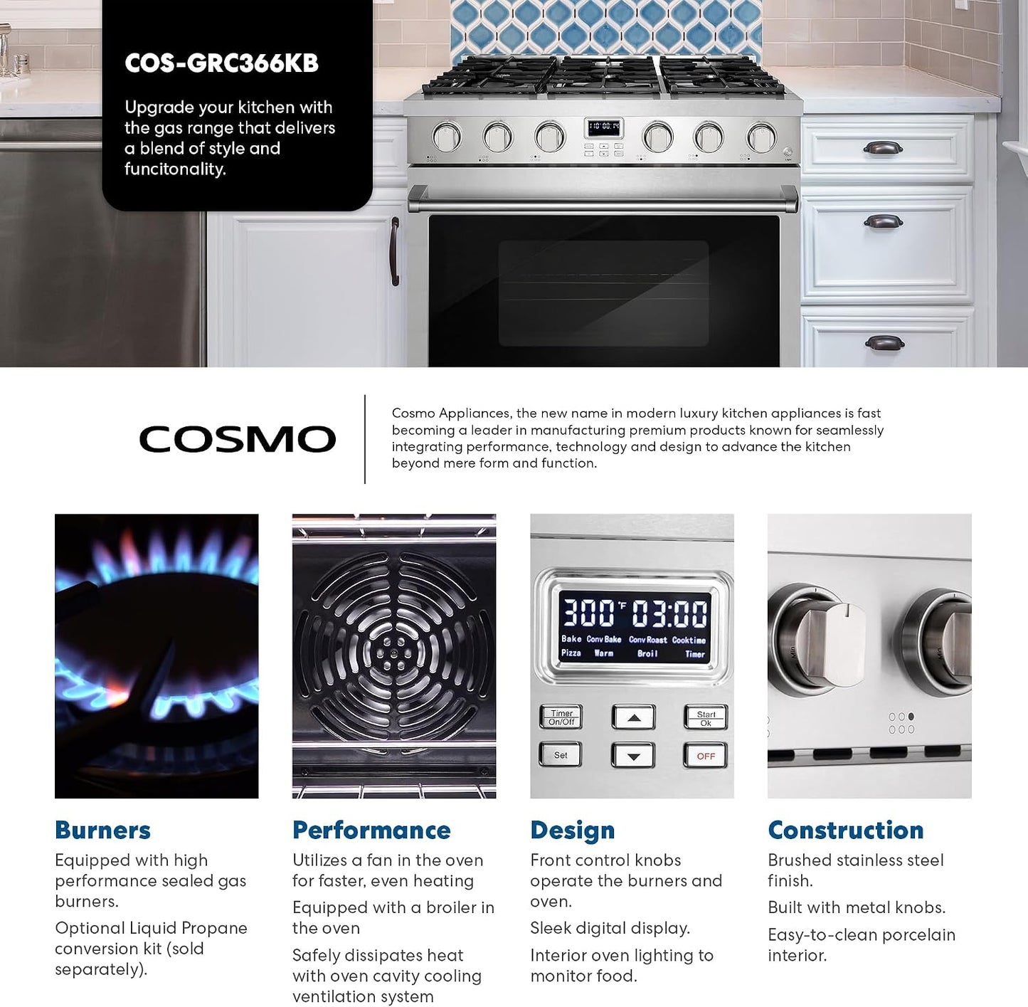 36 In. Lumin Coll 6.1 Cu Ft 6 Burner Gas Range, Convection, Stainless Steel |  COS-GRC366KB Sealed Burners, Oven Fan Circulation, Cast Iron Grates, Digital Display with Timer, LP Convertible
