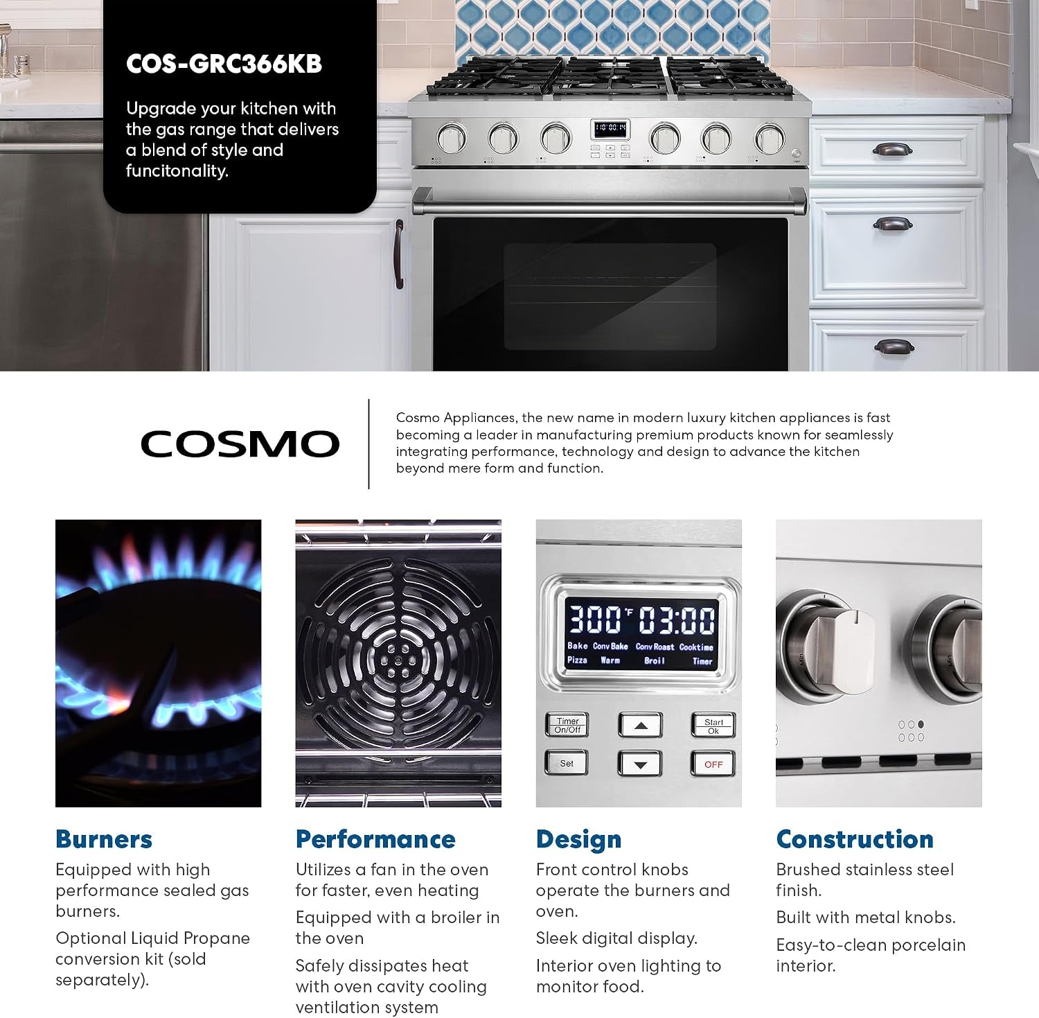 36 In. Lumin Coll 6.1 Cu Ft 6 Burner Gas Range, Convection, Stainless Steel |  COS-GRC366KB Sealed Burners, Oven Fan Circulation, Cast Iron Grates, Digital Display with Timer, LP Convertible
