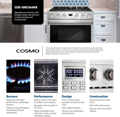 36 In. Lumin Coll 6.1 Cu Ft 6 Burner Gas Range, Convection, Stainless Steel |  COS-GRC366KB Sealed Burners, Oven Fan Circulation, Cast Iron Grates, Digital Display with Timer, LP Convertible