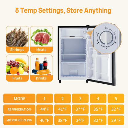 Mini Fridge with Freezer 3.2 Cu.Ft Small Refrigerator for Office, Dorm, Small Fridge with Adjustable Thermostat, Energy Saving, Singel Door, Black