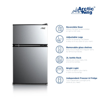 3.2 Cu Ft Two Door Mini Fridge with Freezer Stainless Steel - Energy Star Certified, Compact and Efficient for Dorms, Offices, and Small Spaces