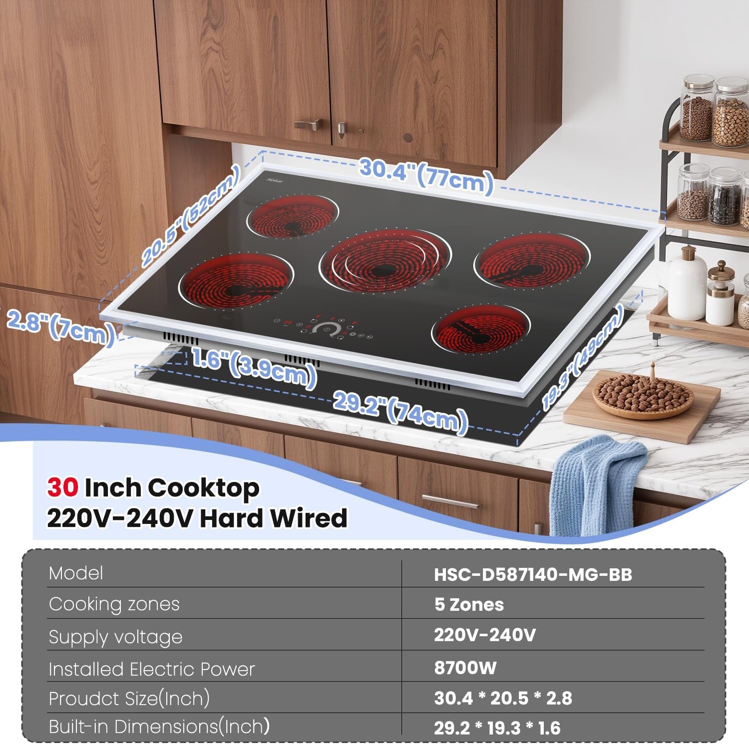 Hobsir 30 Inch Electric Cooktop, Electric Stove Top Burner, 5 Burner 30 Cooktop, Built-In Circular Slide Ceramic Stove with Glass Metal Frame, Timer, Safety Lock, 8700W, 220V-240V Hard Wire (No Plug)