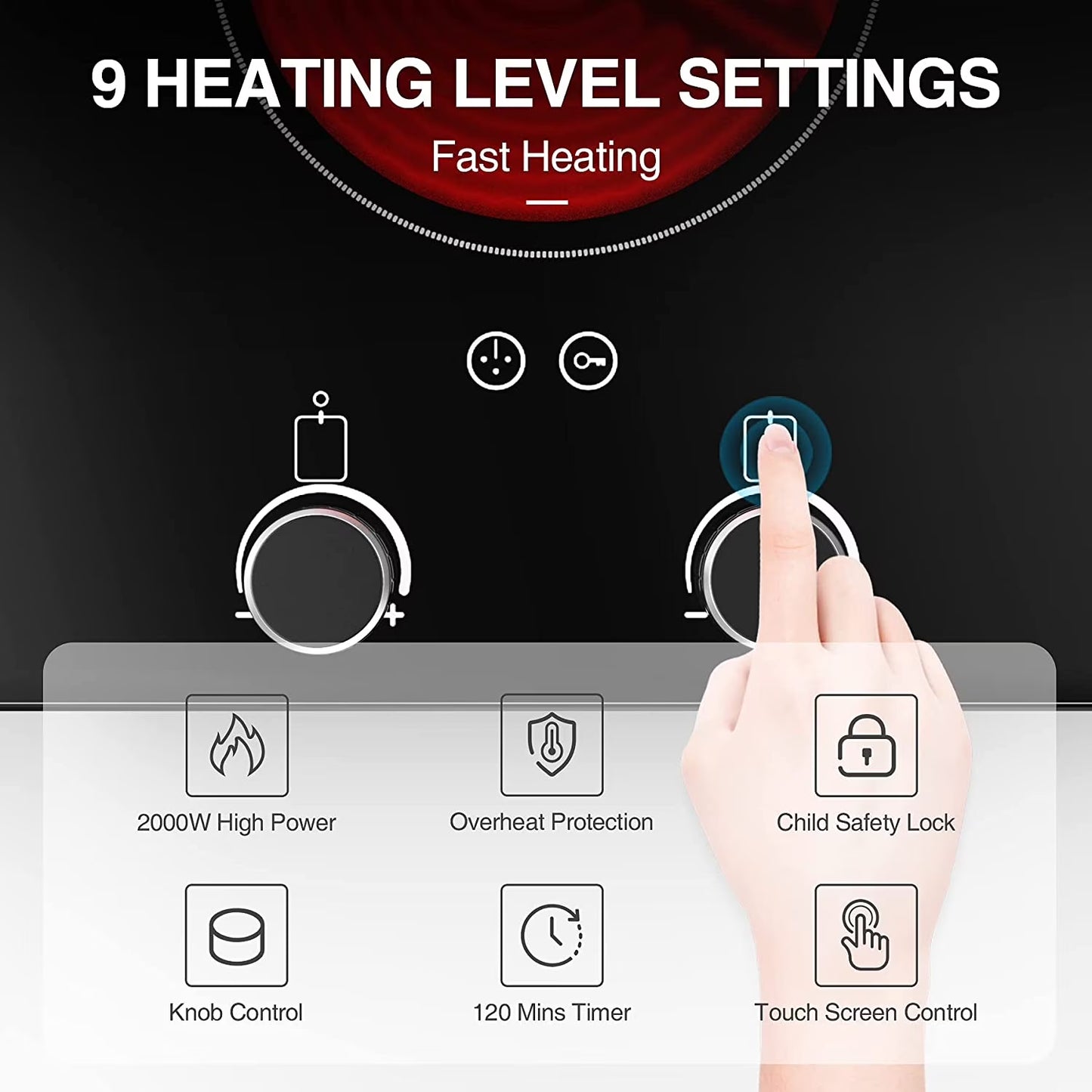Electric Cooktop 2 Burner 12 Inch 2000W Electric Burner Countertop and Built-In Hot Plate for Cooking with Plug,120 Minutes Timer & Auto Shutdown Electric Stove,Child Lock Electric Stove Top