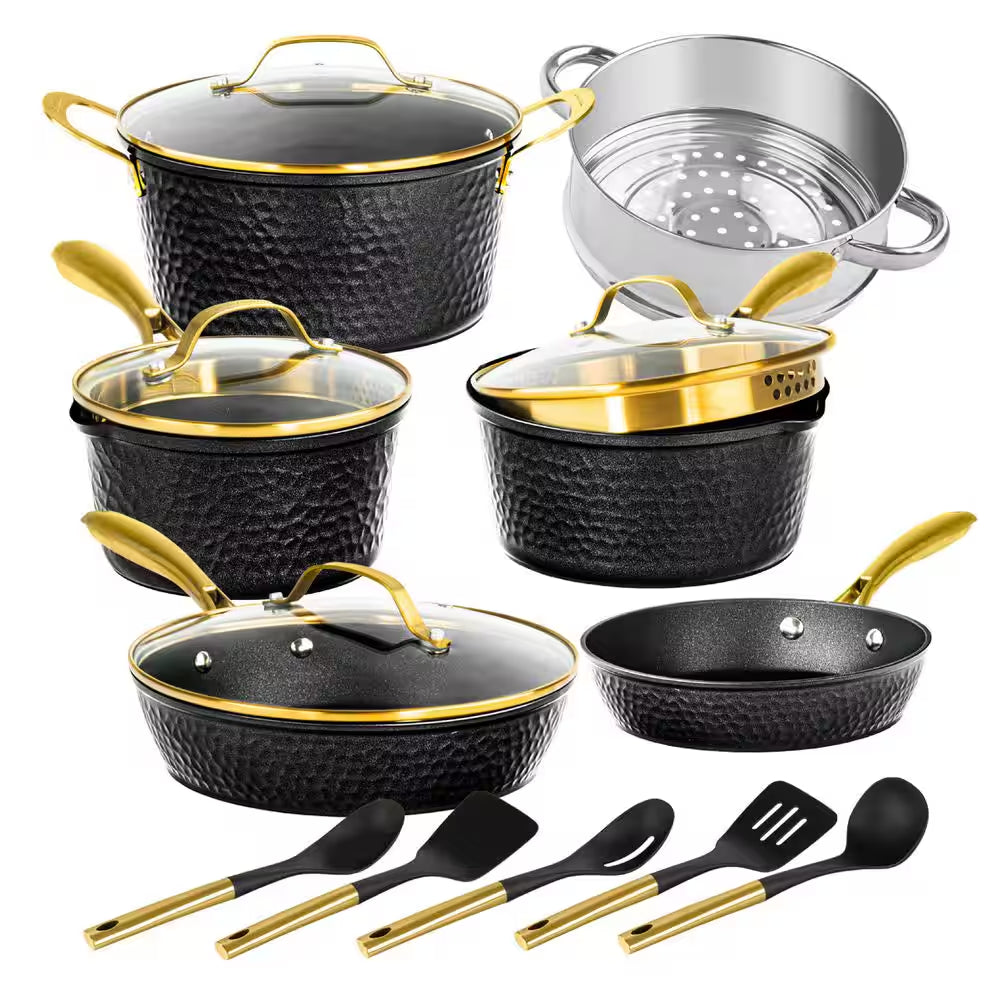 Charleston Collection 15-Piece Aluminum Hammered Ceramic Coating Nonstick Cookware Set with Utensils in Black