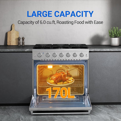 36 Inch Front Control Gas Range Oven with 6 Cooktop Burners, 6 Cu. Ft 78000 BTU Convection and Self Clean, Freestanding Heavy Duty Gas Range Stove with Halogen Light,Large Capacity