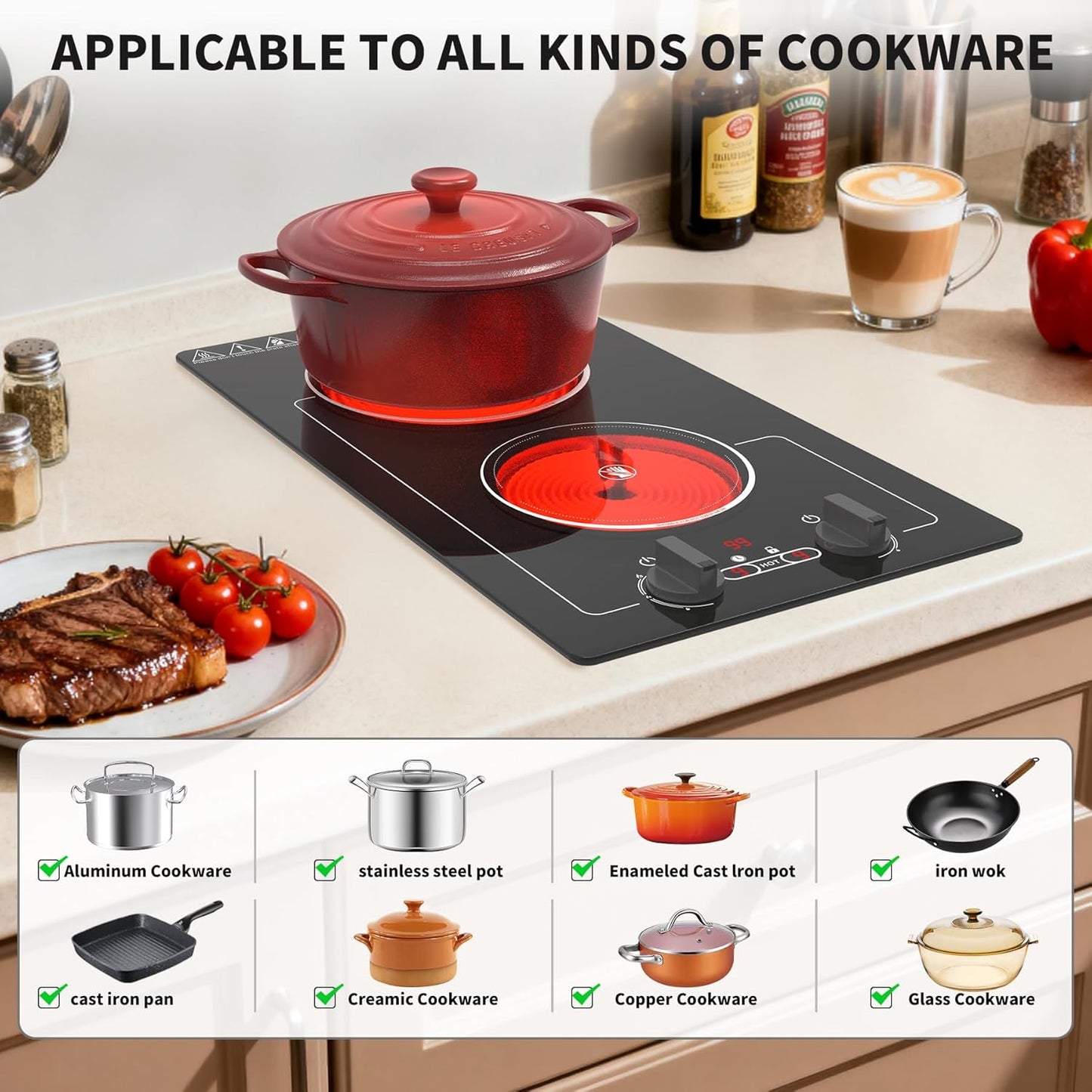 Electric Cooktop,110V 2100W Electric Stove Top with Knob Control,Countertop/Built-In Design with 9 Power Levels,Kids Lock & Timer, Overheat Protection,And Touch Control 2 Burner Electric Cooktop.