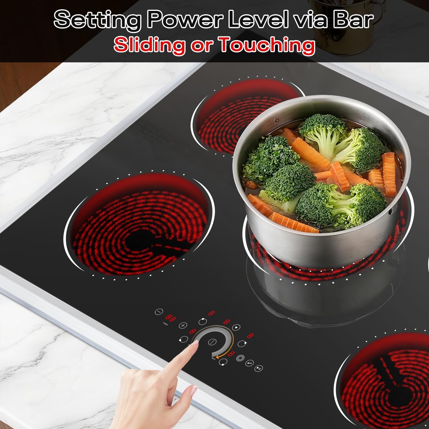 Hobsir 30 Inch Electric Cooktop, Electric Stove Top Burner, 5 Burner 30 Cooktop, Built-In Circular Slide Ceramic Stove with Glass Metal Frame, Timer, Safety Lock, 8700W, 220V-240V Hard Wire (No Plug)