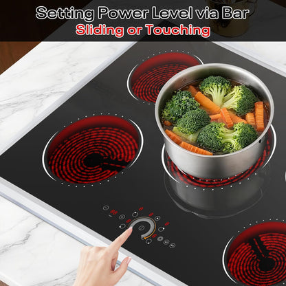 Hobsir 30 Inch Electric Cooktop, Electric Stove Top Burner, 5 Burner 30 Cooktop, Built-In Circular Slide Ceramic Stove with Glass Metal Frame, Timer, Safety Lock, 8700W, 220V-240V Hard Wire (No Plug)