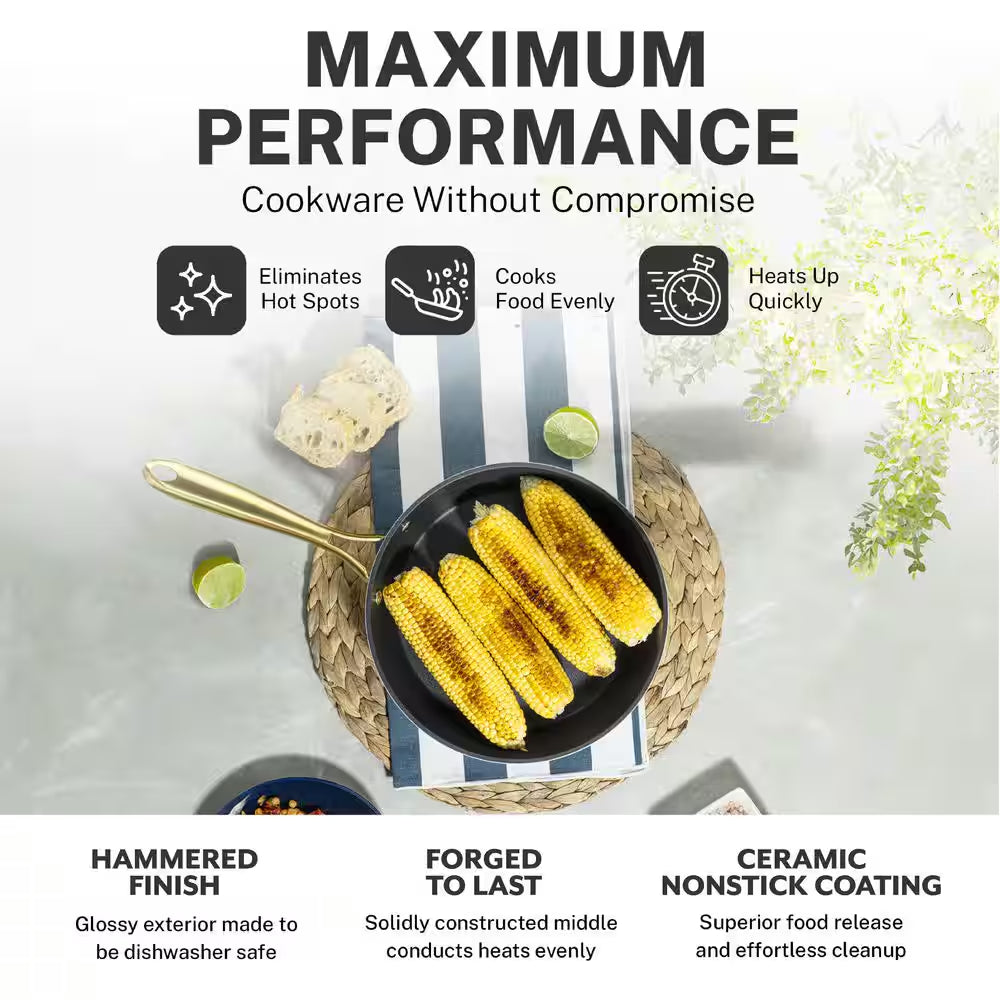 Charleston Collection 15-Piece Aluminum Hammered Ceramic Coating Nonstick Cookware Set with Utensils in Black