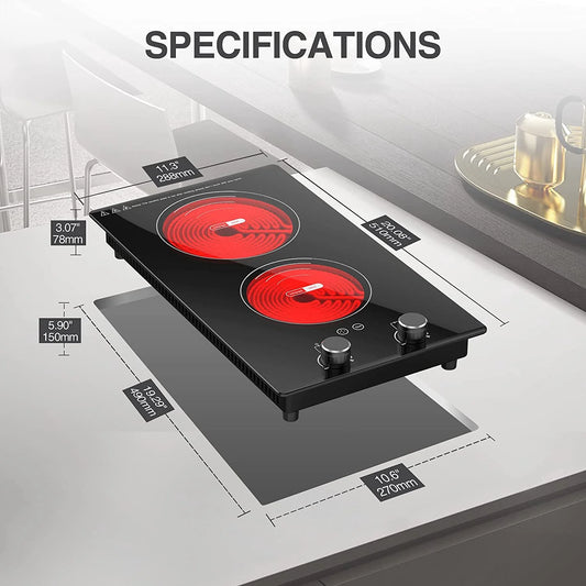 Electric Cooktop 2 Burner 12 Inch 2000W Electric Burner Countertop and Built-In Hot Plate for Cooking with Plug,120 Minutes Timer & Auto Shutdown Electric Stove,Child Lock Electric Stove Top