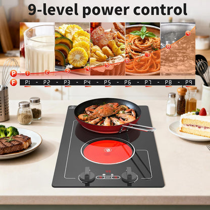 Electric Cooktop,110V 2100W Electric Stove Top with Knob Control,Countertop/Built-In Design with 9 Power Levels,Kids Lock & Timer, Overheat Protection,And Touch Control 2 Burner Electric Cooktop.