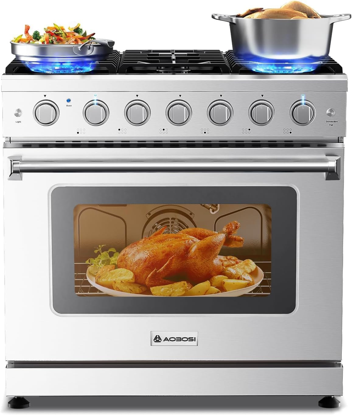 36 Inch Front Control Gas Range Oven with 6 Cooktop Burners, 6 Cu. Ft 78000 BTU Convection and Self Clean, Freestanding Heavy Duty Gas Range Stove with Halogen Light,Large Capacity
