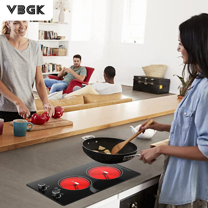 Electric Cooktop 2 Burner 12 Inch 2000W Electric Burner Countertop and Built-In Hot Plate for Cooking with Plug,120 Minutes Timer & Auto Shutdown Electric Stove,Child Lock Electric Stove Top