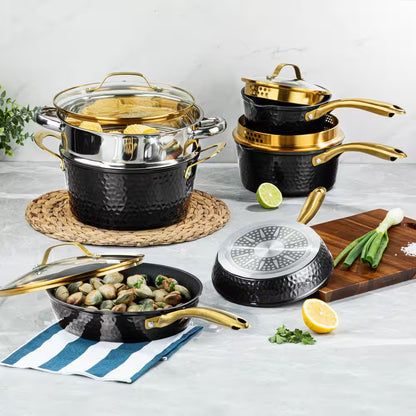 Charleston Collection 15-Piece Aluminum Hammered Ceramic Coating Nonstick Cookware Set with Utensils in Black