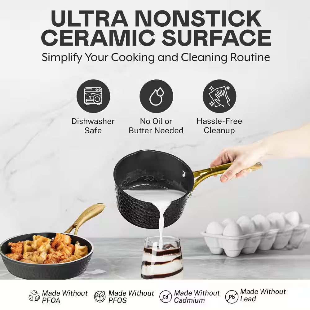 Charleston Collection 15-Piece Aluminum Hammered Ceramic Coating Nonstick Cookware Set with Utensils in Black