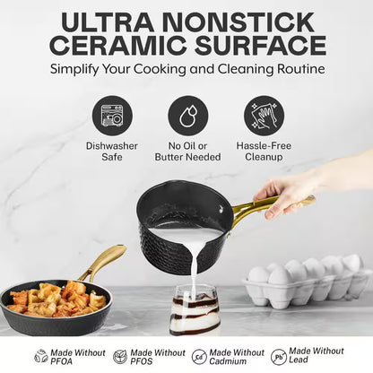 Charleston Collection 15-Piece Aluminum Hammered Ceramic Coating Nonstick Cookware Set with Utensils in Black