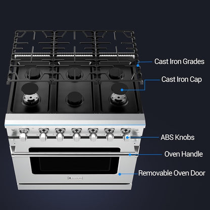 36 Inch Front Control Gas Range Oven with 6 Cooktop Burners, 6 Cu. Ft 78000 BTU Convection and Self Clean, Freestanding Heavy Duty Gas Range Stove with Halogen Light,Large Capacity