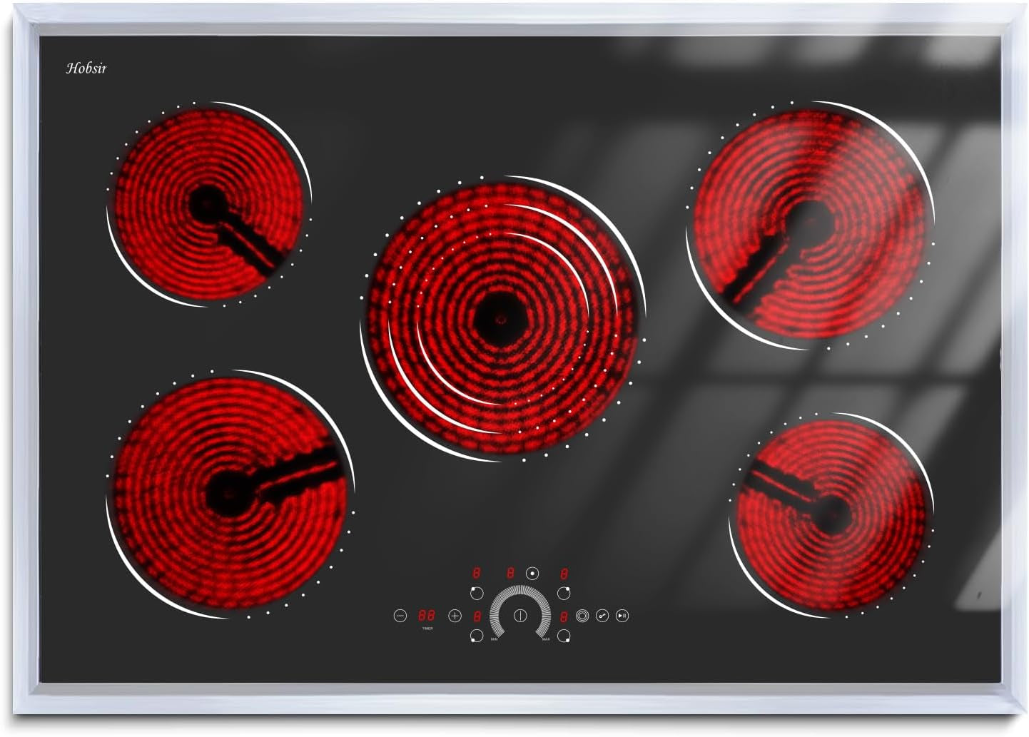 Hobsir 30 Inch Electric Cooktop, Electric Stove Top Burner, 5 Burner 30 Cooktop, Built-In Circular Slide Ceramic Stove with Glass Metal Frame, Timer, Safety Lock, 8700W, 220V-240V Hard Wire (No Plug)