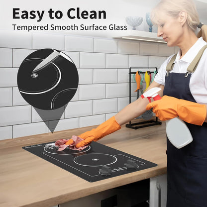 Electric Cooktop,110V 2100W Electric Stove Top with Knob Control,Countertop/Built-In Design with 9 Power Levels,Kids Lock & Timer, Overheat Protection,And Touch Control 2 Burner Electric Cooktop.