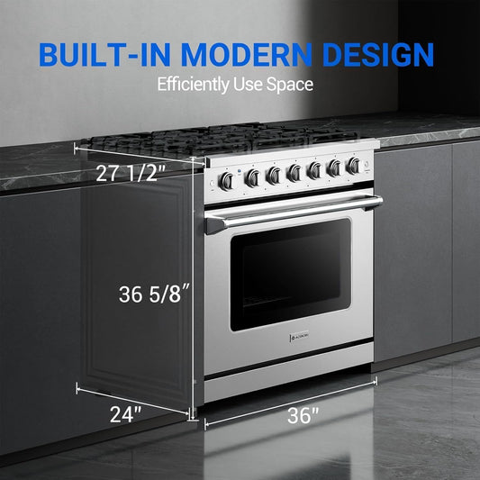 36 Inch Front Control Gas Range Oven with 6 Cooktop Burners, 6 Cu. Ft 78000 BTU Convection and Self Clean, Freestanding Heavy Duty Gas Range Stove with Halogen Light,Large Capacity