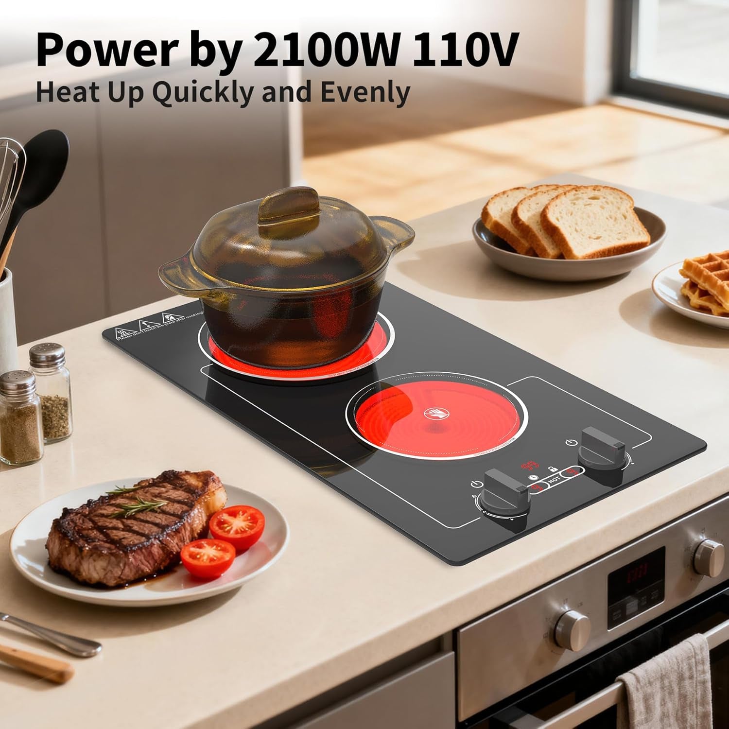 Electric Cooktop,110V 2100W Electric Stove Top with Knob Control,Countertop/Built-In Design with 9 Power Levels,Kids Lock & Timer, Overheat Protection,And Touch Control 2 Burner Electric Cooktop.