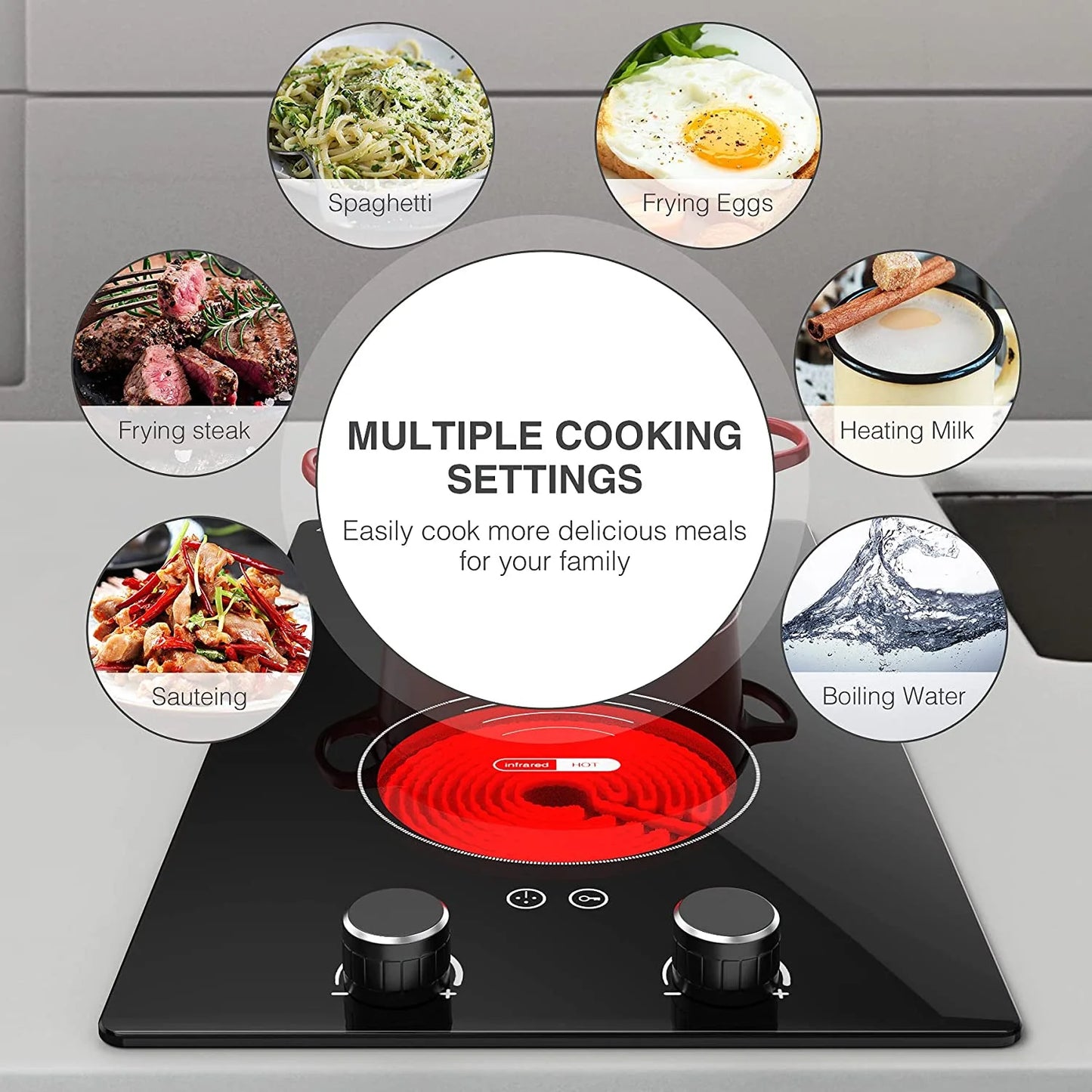 Electric Cooktop 2 Burner 12 Inch 2000W Electric Burner Countertop and Built-In Hot Plate for Cooking with Plug,120 Minutes Timer & Auto Shutdown Electric Stove,Child Lock Electric Stove Top
