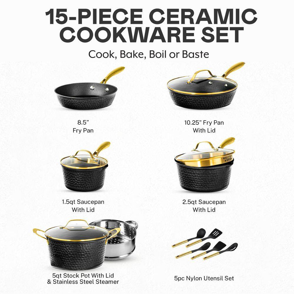 Charleston Collection 15-Piece Aluminum Hammered Ceramic Coating Nonstick Cookware Set with Utensils in Black