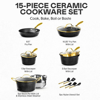 Charleston Collection 15-Piece Aluminum Hammered Ceramic Coating Nonstick Cookware Set with Utensils in Black