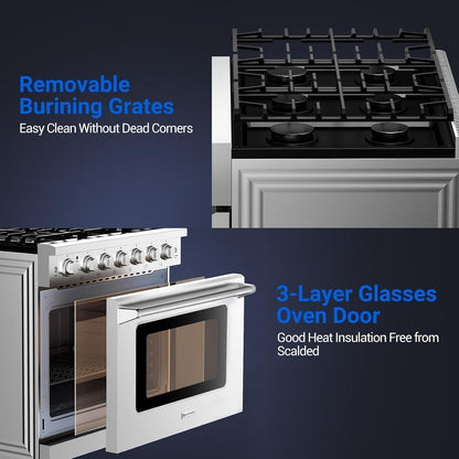 36 Inch Front Control Gas Range Oven with 6 Cooktop Burners, 6 Cu. Ft 78000 BTU Convection and Self Clean, Freestanding Heavy Duty Gas Range Stove with Halogen Light,Large Capacity