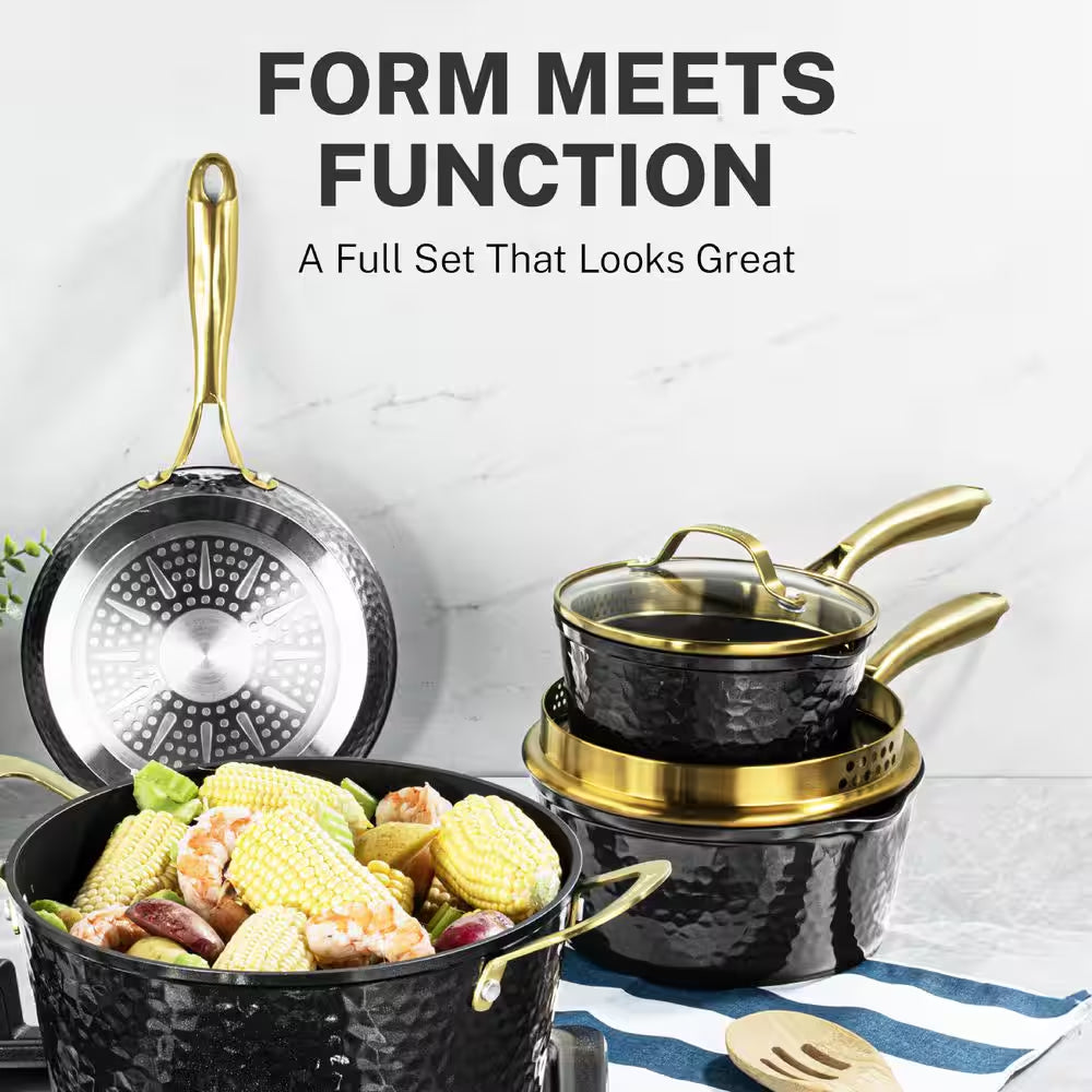 Charleston Collection 15-Piece Aluminum Hammered Ceramic Coating Nonstick Cookware Set with Utensils in Black