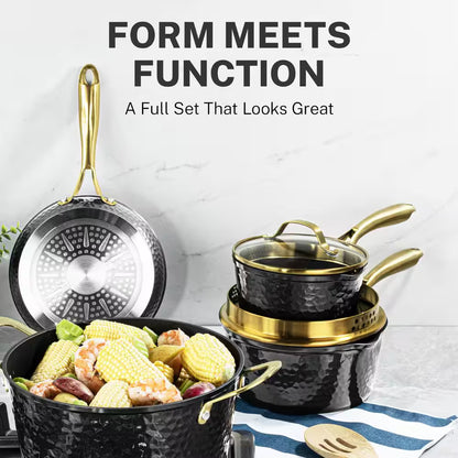 Charleston Collection 15-Piece Aluminum Hammered Ceramic Coating Nonstick Cookware Set with Utensils in Black