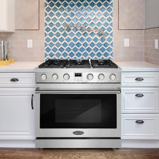 36 In. Lumin Coll 6.1 Cu Ft 6 Burner Gas Range, Convection, Stainless Steel |  COS-GRC366KB Sealed Burners, Oven Fan Circulation, Cast Iron Grates, Digital Display with Timer, LP Convertible