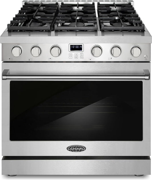 36 In. Lumin Coll 6.1 Cu Ft 6 Burner Gas Range, Convection, Stainless Steel |  COS-GRC366KB Sealed Burners, Oven Fan Circulation, Cast Iron Grates, Digital Display with Timer, LP Convertible