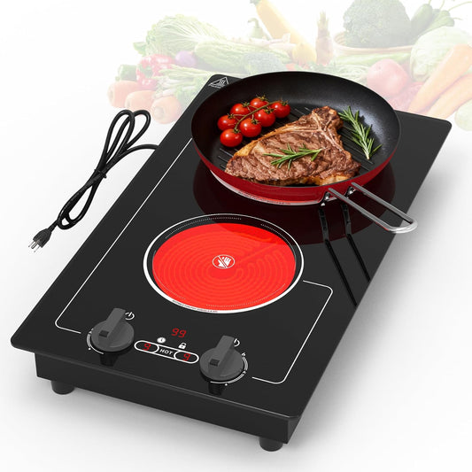 Electric Cooktop,110V 2100W Electric Stove Top with Knob Control,Countertop/Built-In Design with 9 Power Levels,Kids Lock & Timer, Overheat Protection,And Touch Control 2 Burner Electric Cooktop.