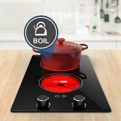Electric Cooktop 2 Burner 12 Inch 2000W Electric Burner Countertop and Built-In Hot Plate for Cooking with Plug,120 Minutes Timer & Auto Shutdown Electric Stove,Child Lock Electric Stove Top