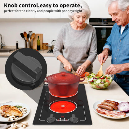 Electric Cooktop,110V 2100W Electric Stove Top with Knob Control,Countertop/Built-In Design with 9 Power Levels,Kids Lock & Timer, Overheat Protection,And Touch Control 2 Burner Electric Cooktop.