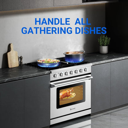 36 Inch Front Control Gas Range Oven with 6 Cooktop Burners, 6 Cu. Ft 78000 BTU Convection and Self Clean, Freestanding Heavy Duty Gas Range Stove with Halogen Light,Large Capacity