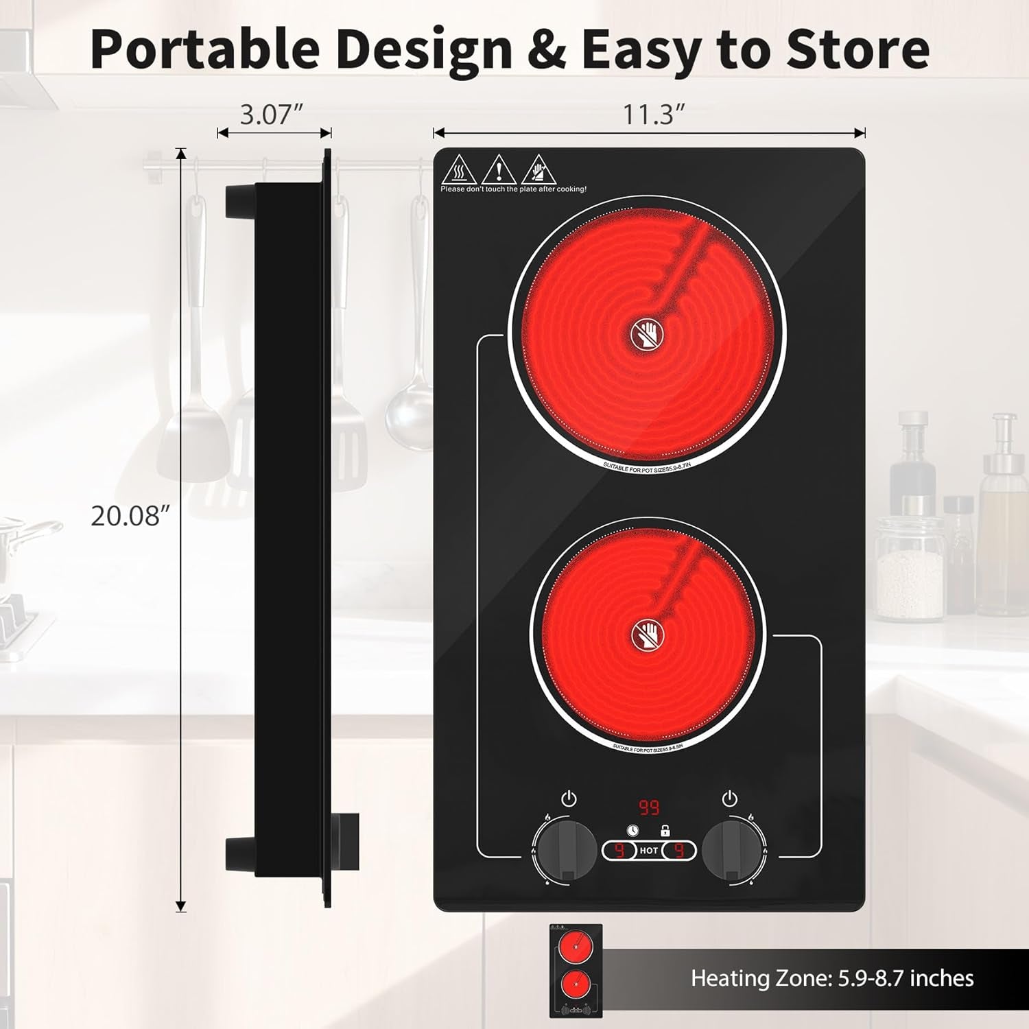 Electric Cooktop,110V 2100W Electric Stove Top with Knob Control,Countertop/Built-In Design with 9 Power Levels,Kids Lock & Timer, Overheat Protection,And Touch Control 2 Burner Electric Cooktop.