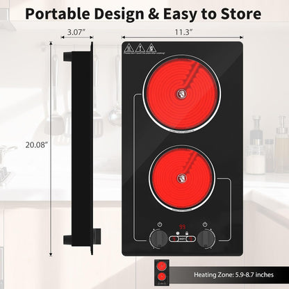 Electric Cooktop,110V 2100W Electric Stove Top with Knob Control,Countertop/Built-In Design with 9 Power Levels,Kids Lock & Timer, Overheat Protection,And Touch Control 2 Burner Electric Cooktop.