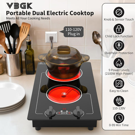 Electric Cooktop,110V 2100W Electric Stove Top with Knob Control,Countertop/Built-In Design with 9 Power Levels,Kids Lock & Timer, Overheat Protection,And Touch Control 2 Burner Electric Cooktop.
